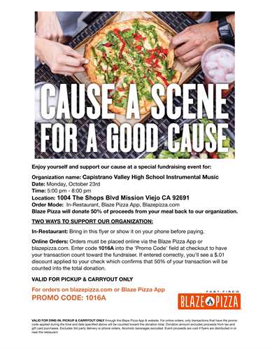 Blaze Pizza Fundraiser-10/23/2023-CVHS Music