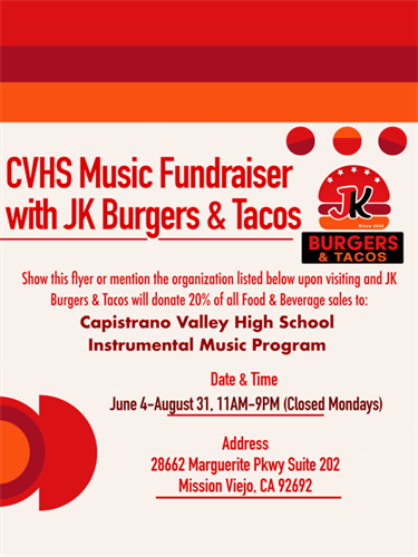 CVHS Instrumental Music Fundraiser with JK Burgers & Taco
